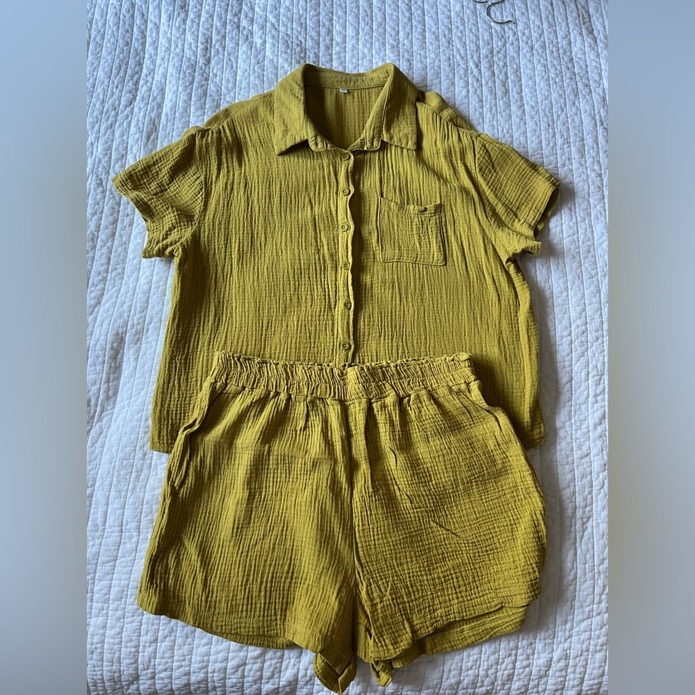 Yellow Button-Up Shirt and Shorts Set